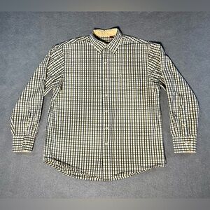 IZOD Men’s Shirt Large Yellow Blue Plaid Long Sleeve Button Up Cotton Casual